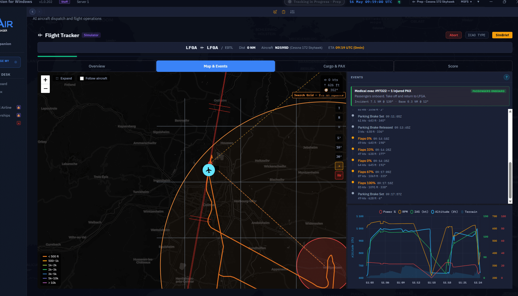 Close-up airport approach with live telemetry charts