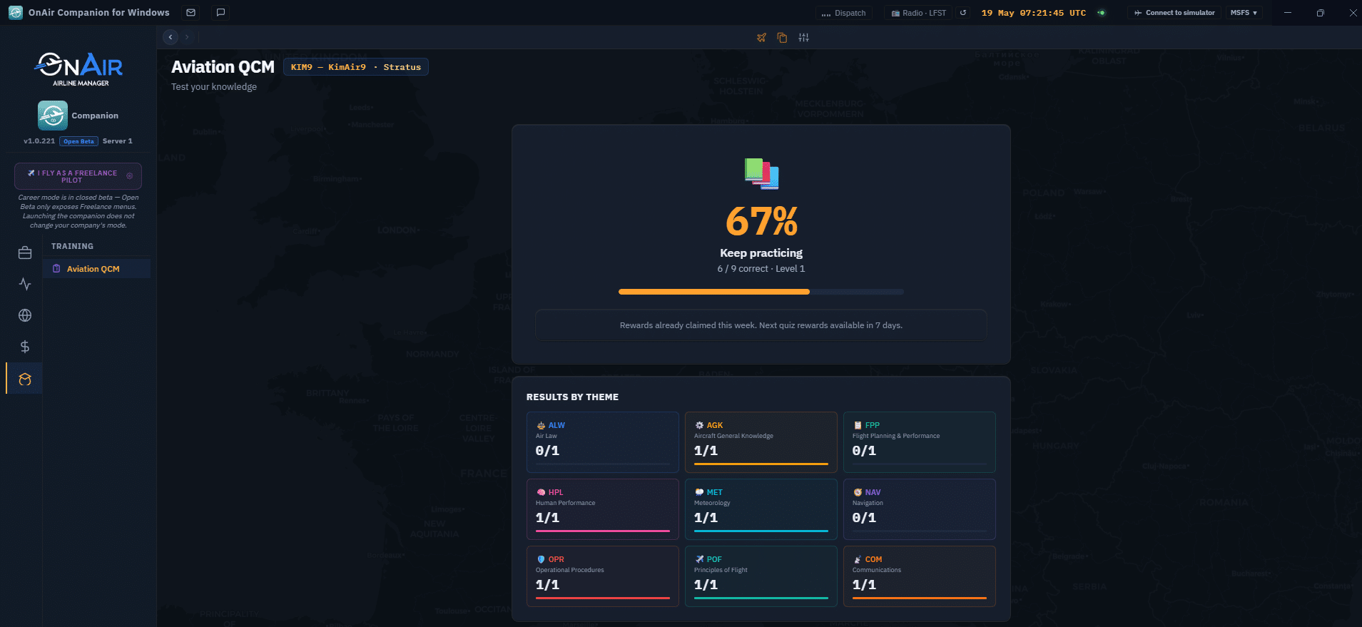 Aviation knowledge quiz with results by theme
