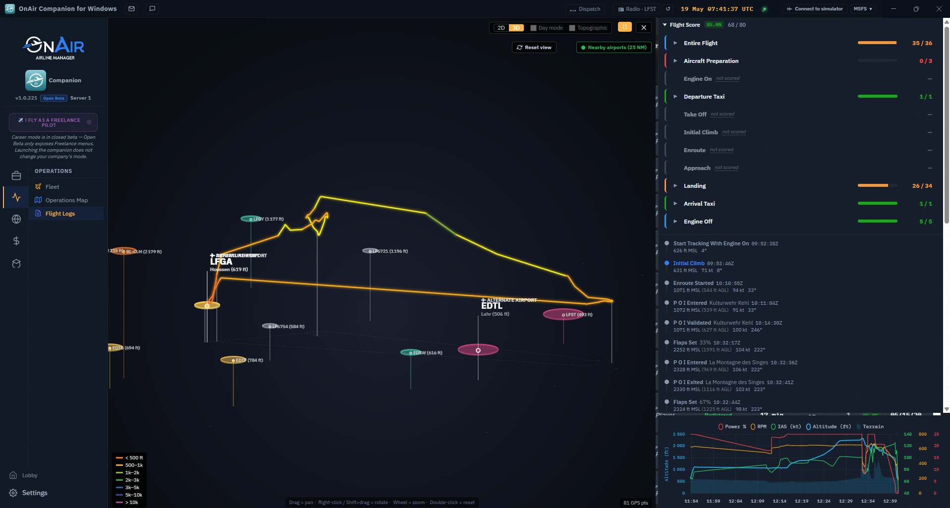 Flight tracker showing active long-haul route