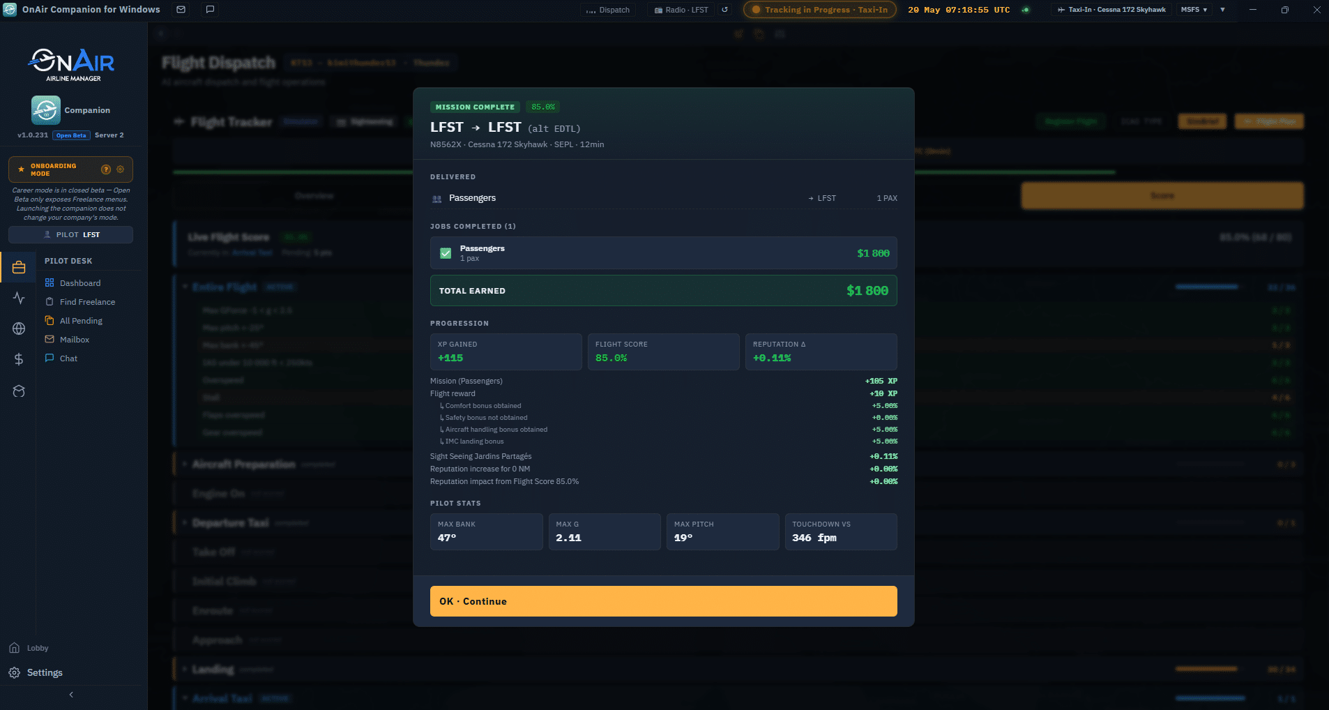 Mission complete screen showing flight earnings